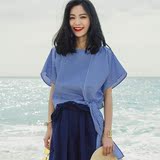 AudreyWang◆摩洛哥蓝白条纹衬衣2016夏女潮范不对称设计感上衣