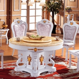 橡木实木白色圆形大理石餐桌圆桌饭桌餐台带转盘双层旋转一桌六