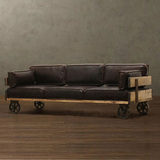 美式复古实木沙发椅铁艺实木沙发客厅休息区做旧软皮沙发组合椅子