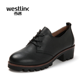 Westlink/西遇2016春季新款 圆头系带中粗跟单鞋仿网眼拼接女皮鞋