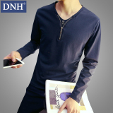 DNH春装男士圆领长袖T恤男v领套头纯色打底衫韩版青少年春季潮男