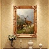 欧式美式壁炉装饰画玄关走廊纯手绘油画过道发财有鹿挂画大尺寸画