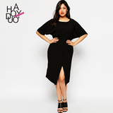 Haoduoyi2016夏季新款欧美大码蝙蝠袖显瘦开衩黑色宽松一步连衣裙