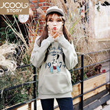 jcoolstory韩国2016春装新款字母卡通宽松加绒套头连帽卫衣女外套