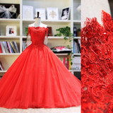 2015春夏季新款 蕾丝一字肩新娘红色婚纱礼服 拖尾蓬蓬裙孕妇定制