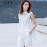 #Amii[极简主义]2016纯色无袖显瘦拼接前短后长雪纺衬衫上衣女
