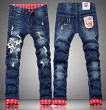 新潮男士牛仔裤高档时尚个性印花破洞欧洲站创意红蓝长裤精品男裤