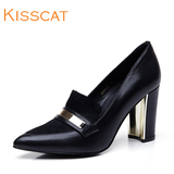 kisscat接吻猫 夏季新品深口马毛女单鞋尖头粗跟超高跟鞋