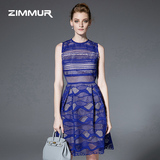 ZIMMUR2016夏季新款女装圆领无袖欧美时尚气质修身水溶蕾丝连衣裙