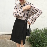 2016初夏新品 韩国chic方扣装饰不规则侧开叉西装料中长款半身裙