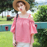 夏季女装韩版小清新一字领露肩宽松短袖格子吊带衬衫学生衬衣上衣
