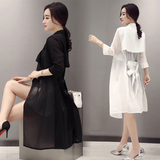 2016夏天韩版休闲宽松黑色中长款薄款风衣白色雪纺外套七分袖女装