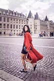 AW正品原创设计秋季高端欧美超长款大红色女收腰抽绳风衣气质外套