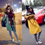 2015新款韩版冬装学生军绿色棉服棉衣女中长款冬天大毛领加厚外套