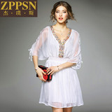 ZPPSN 2016夏季新款欧美时尚连衣裙性感V领七分袖亮片透视A字裙