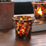 欧式咖橙方块创意马赛克玻璃烛台浪漫烛光晚餐酒吧装饰摆件蜡烛杯