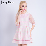 jessy line2016春装新款 杰茜莱雪纺拼接显瘦百搭褶皱中袖连衣裙