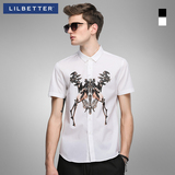 Lilbetter男士短袖衬衫潮 夏季新品个性印花白色寸衫牛津纺衬衣男