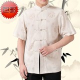 中国风夏季薄款短袖亚麻唐装上衣中老年男装棉麻宽松大码中式衬衫