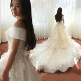 婚纱礼服2015冬季新款长拖尾韩式一字肩v领婚纱新娘结婚高档定制