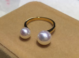 AKOYA双珠款 18K金日本海水珍珠戒指 指环 日本阿古屋珍珠 极光