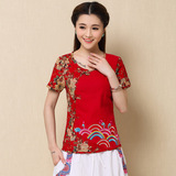 民族风女装2016夏装新款棉麻上衣衬衣刺绣印花女式短袖T恤中国风