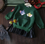 韩版童装2015秋冬新品女童超玩味儿卡通卫衣百褶拼皮裙加厚裙衫