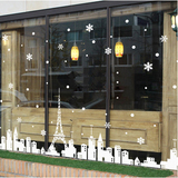 白色城镇铁塔圣诞节雪花咖啡店铺玻璃橱窗双面墙壁装饰墙贴纸贴画