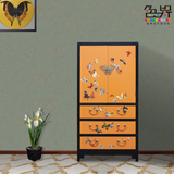 新中式斗柜装饰边柜漆器家具彩绘柜设计师家具黄色蝴蝶装饰斗柜