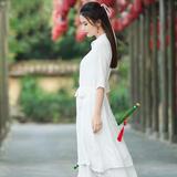 棉麻连衣裙长裙中国风宽松显瘦大码纯白色五分袖仙女裙腰带春夏款