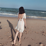 夏装新品性感包臀漏背沙滩裙短裙 海边度假蕾丝短袖中长款连衣裙