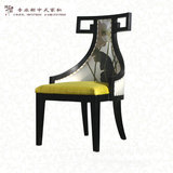 现代新中式家具 餐厅扶手高背印画牡丹休闲椅 水曲柳实木布艺餐椅