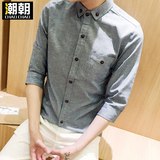 男士七分袖衬衫夏季韩版修身纯色休闲青少年潮男装衬衣服寸衫中袖