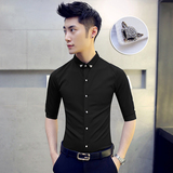夏季新款韩版男士纯黑色七分袖衬衫 男青年发型师修身中袖衬衣 潮