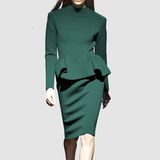 秋冬欧美2016新款纯色墨绿复古小高领长袖上衣一步裙气质套装女装