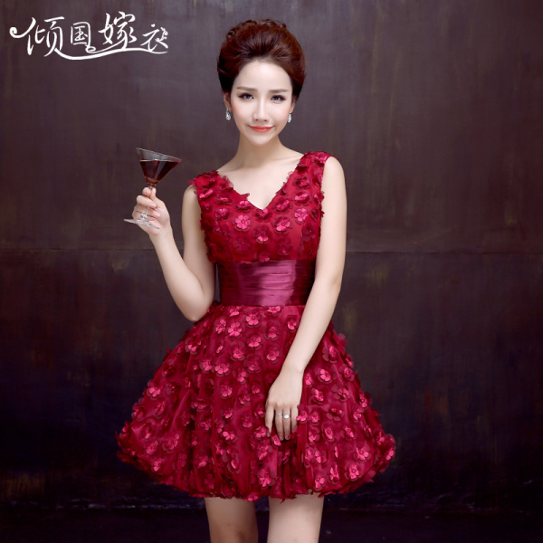 倾国嫁衣婚纱礼服2014新款新娘敬酒礼服短款结婚红色双肩晚礼服女