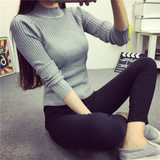 2016秋装新款韩版螺纹弹力修身长袖小高领打底衫条纹套头针织衫女