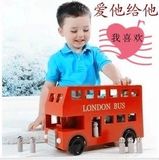 儿童木制玩具车男孩益智汽车模型运输公交车木质大红双层伦敦巴士