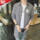 16夏季潮男士韩版青年中长款七分袖衬衫中袖休闲薄款衬衣格子外套