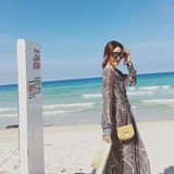韩国夏季宽松显瘦花色雪纺系带收腰长袖连衣裙防晒沙滩长裙中长款