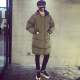 冬季韩版男士修身棉衣外套学生中长款连帽加厚羽绒棉服外套男纯色