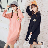 韩国代购2016春秋新款女装卫衣女中长款套头大码宽松圆领纯色长袖