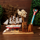 创意布帆船笔筒 地中海一帆风顺笔筒 纯手工实木工艺品 学生礼品