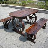 碳化实木车轮桌椅 户外防腐木制桌凳 阳台庭院花园休闲椭圆形凳桌