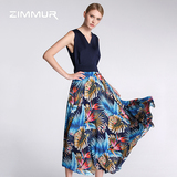 Zimmur2015夏季新款女装欧美时尚大牌连衣裙V领无袖拼接印花长裙
