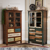 欧美式乡村复古做旧两门书柜 玻璃门带斗实木磨穿酒柜厨房餐边柜