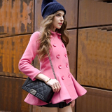 欧洲站2015秋冬新款女装双排扣毛呢外套女修身复古粉色荷叶边大衣