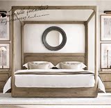 法式出口外贸家具 实木架子床 美式仿古床 双人床做旧橡木床直销