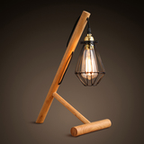 现代简约支架原木实木台灯爱迪生灯泡小铁笼铁艺灯罩台灯