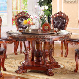 美式大理石餐桌 欧式圆形餐桌椅组合 高档橡木圆桌 实木雕花餐桌